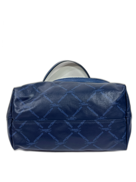 Longchamp Blue Coated Canvas Leather Accent Snap & Zip Tote Shoulder Bag Blue