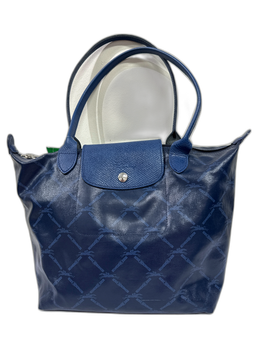 Longchamp Blue Coated Canvas Leather Accent Snap & Zip Tote Shoulder Bag Blue