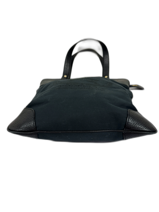 Burberry Black Canvas Leather trim Logo Zipper Closure Hand Bag Black