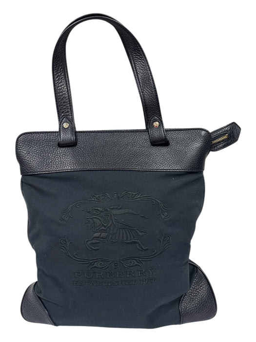 Burberry Black Canvas Leather trim Logo Zipper Closure Hand Bag Black