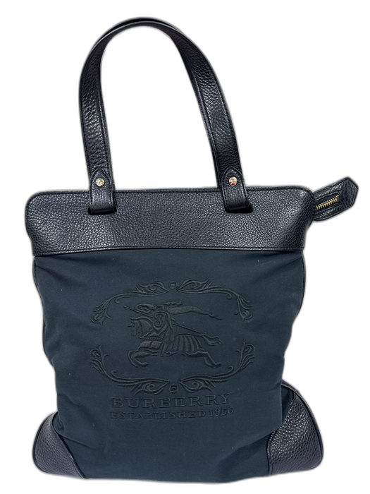 Burberry Black Canvas Leather trim Logo Zipper Closure Hand Bag Black