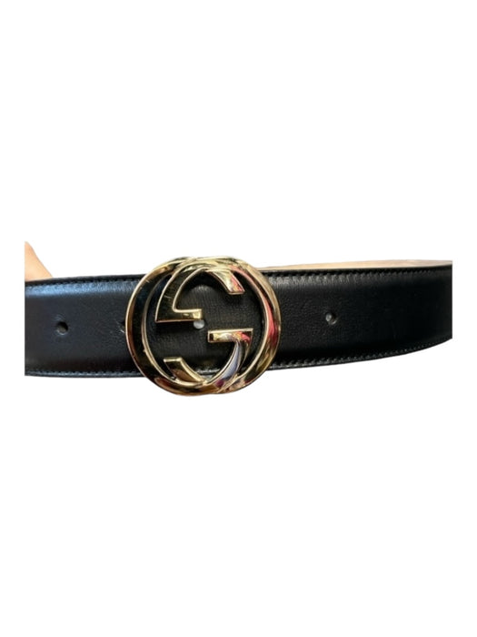 Gucci Black Leather Logo Gold Hardware Interlocking Gs Belts Black / 80-32