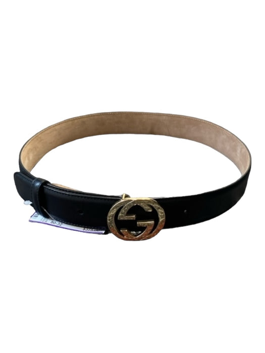 Gucci Black Leather Logo Gold Hardware Interlocking Gs Belts Black / 80-32