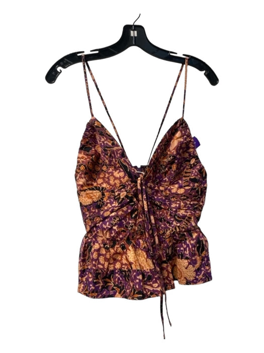 Ulla Johnson Size 8 Purple, Black & Orange Cotton Spaghetti Strap Ruched Top Purple, Black & Orange / 8