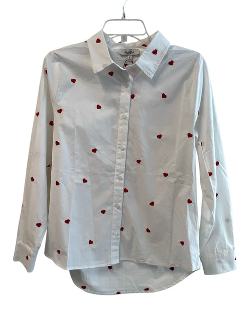 avara Size Small White & Red Cotton Long Sleeve Collared Hearts Button Down Top White & Red / Small