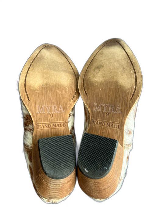 Myra Shoe Size 9 white & tan Calf hair Pointed Square Toe Side Cut Outs Booties white & tan / 9