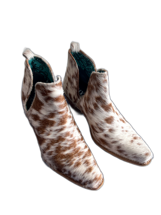 Myra Shoe Size 9 white & tan Calf hair Pointed Square Toe Side Cut Outs Booties white & tan / 9