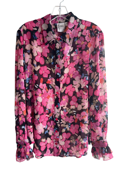 Finley Size M Pink & Multi Polyester Ruffle Sleeves Floral Collared Top Pink & Multi / M
