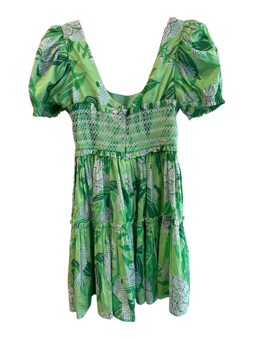 Farm Rio Size S Green & White Cotton Knee Length Floral Short Puff Sleeve Dress Green & White / S