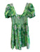Farm Rio Size S Green & White Cotton Knee Length Floral Short Puff Sleeve Dress Green & White / S