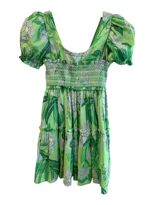 Farm Rio Size S Green & White Cotton Knee Length Floral Short Puff Sleeve Dress Green & White / S
