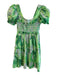 Farm Rio Size S Green & White Cotton Knee Length Floral Short Puff Sleeve Dress Green & White / S