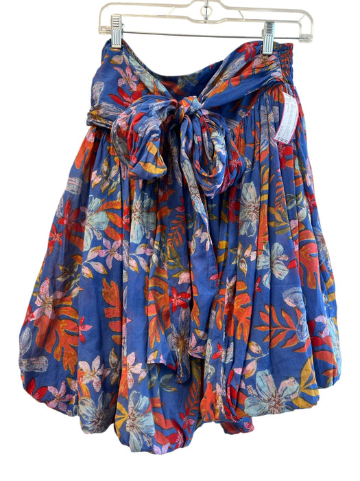 Free People Size S Blue & Red Rayon Floral Tie Waist Bubble Hem Above Knee Skirt Blue & Red / S