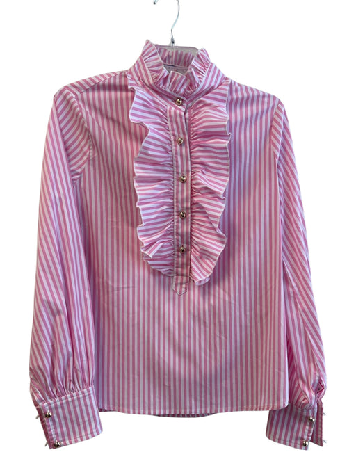 CK Bradley Size Medium Pink & White Cotton Blend Ruffle Neck Stripe Top Pink & White / Medium