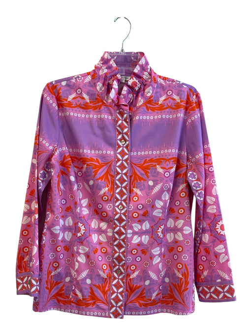 Patty Kim Size Medium Purple, White, Orange 100% Cotton High Ruffle Neck Top Purple, White, Orange / Medium