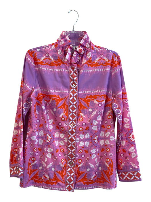 Patty Kim Size Medium Purple, White, Orange 100% Cotton High Ruffle Neck Top Purple, White, Orange / Medium