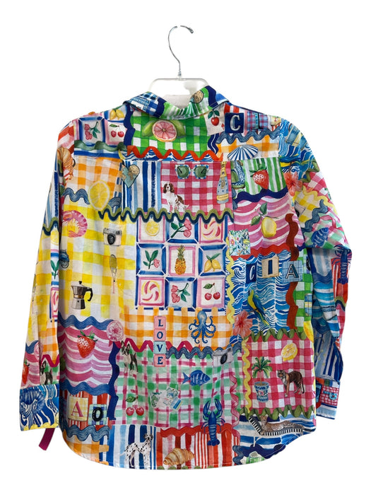 Vilagallo Size 44 Blue, Yellow & Multi Cotton Blend All Over Print Collared Top Blue, Yellow & Multi / 44
