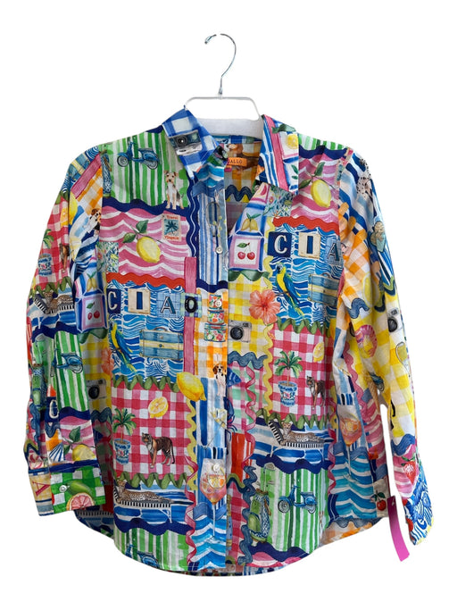 Vilagallo Size 44 Blue, Yellow & Multi Cotton Blend All Over Print Collared Top Blue, Yellow & Multi / 44