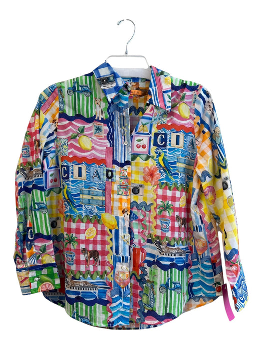 Vilagallo Size 44 Blue, Yellow & Multi Cotton Blend All Over Print Collared Top Blue, Yellow & Multi / 44