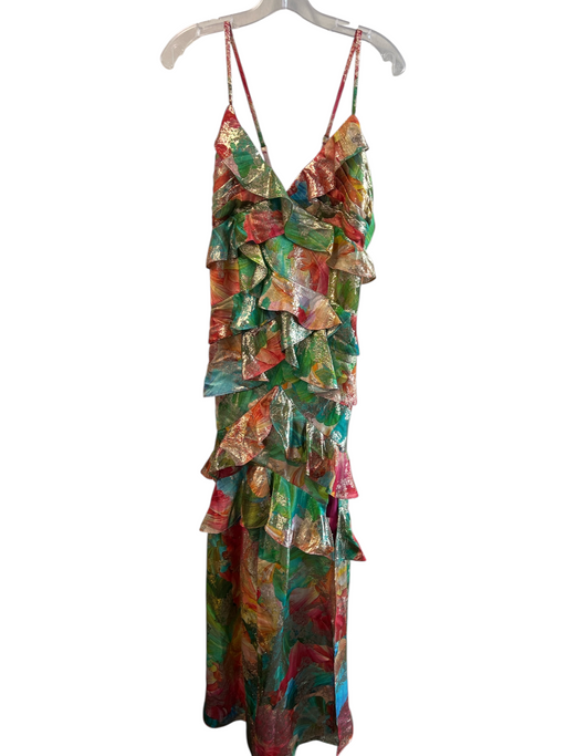 Ramy Brook Size 8 Multi & Gold Viscose & Metallic V Neck Spaghetti Strap Dress Multi & Gold / 8