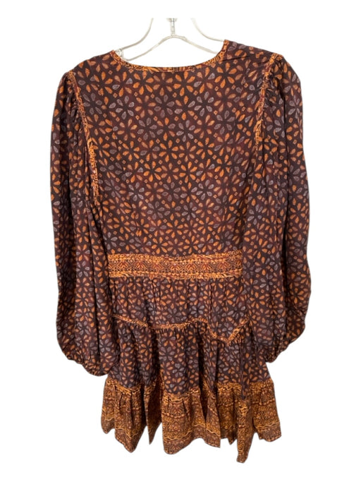 Ulla Johnson Size 4 Brown & Orange Silk Long Balloon Sleeve V Neck Dress Brown & Orange / 4