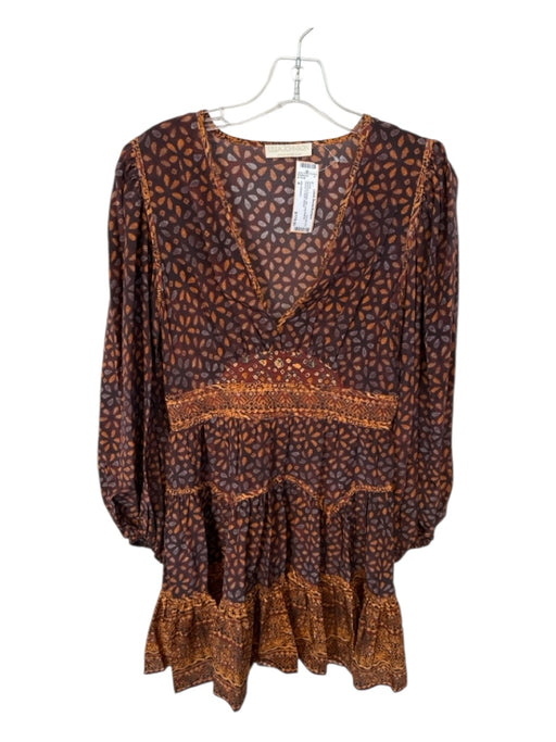 Ulla Johnson Size 4 Brown & Orange Silk Long Balloon Sleeve V Neck Dress Brown & Orange / 4