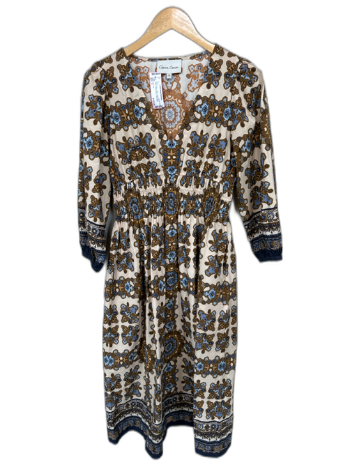 Cara Cara Size S Brown & Blue Cotton Long Balloon Sleeve Kaleidoscope Maxi Dress Brown & Blue / S