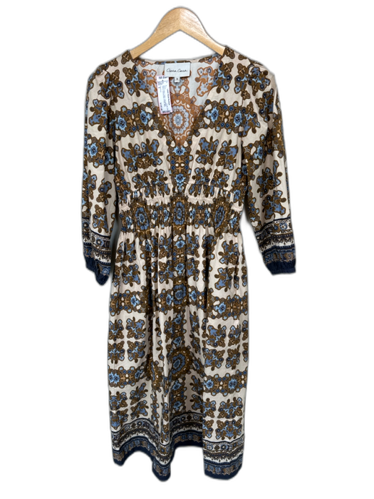 Cara Cara Size S Brown & Blue Cotton Long Balloon Sleeve Kaleidoscope Maxi Dress Brown & Blue / S