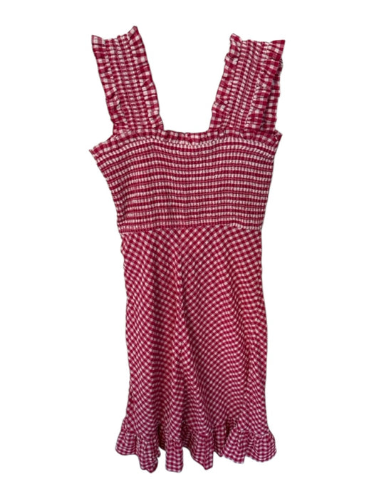 Ganni Size 38 Magenta & White Short Sleeve Gingham Smocked Midi Dress Magenta & White / 38
