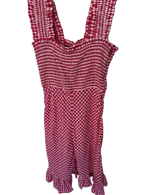 Ganni Size 38 Magenta & White Short Sleeve Gingham Smocked Midi Dress Magenta & White / 38