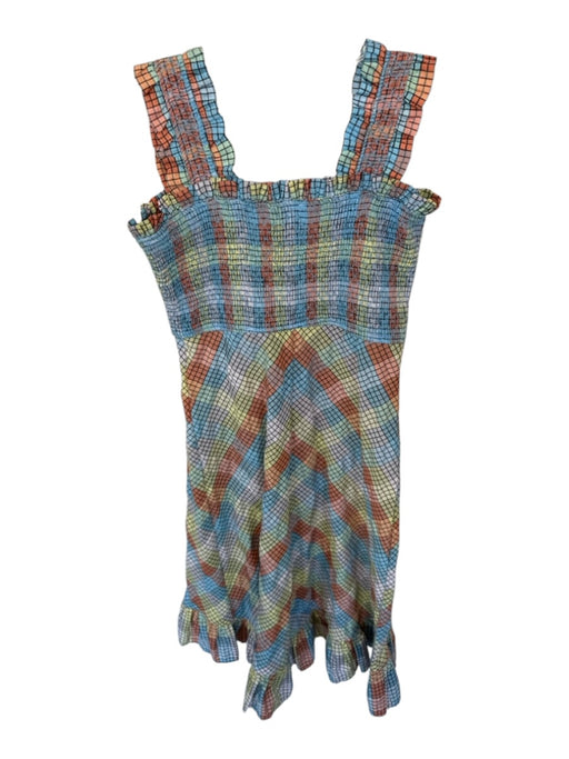 Ganni Size Est S Blue & Orange Smocked Checkered Maxi Dress Blue & Orange / Est S