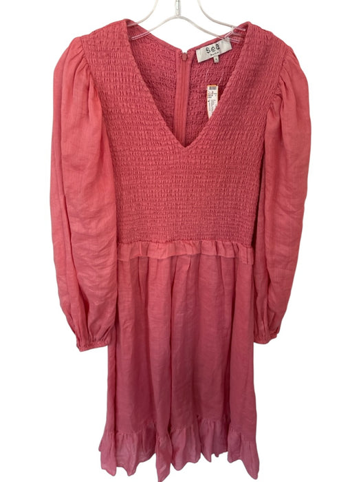 Sea New York Size 4 Salmon Linen Long Balloon Sleeve smocked V Neck Dress Salmon / 4