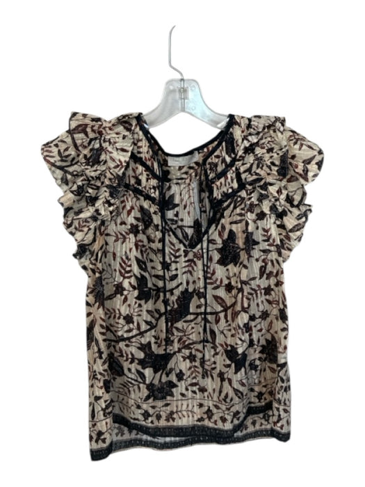 Ulla Johnson Size 2 Cream & Maroon Cotton Blend Flutter Sleeves Botanical Top Cream & Maroon / 2