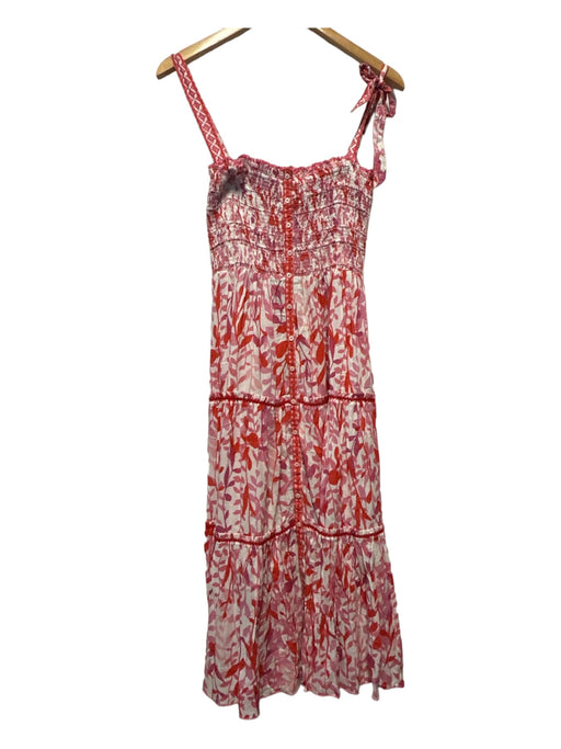 Poupette St. Barth Size M Pink & Red Viscose Rouched Botanical Midi Dress Pink & Red / M