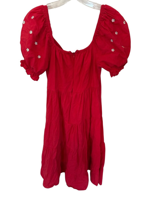 Size M Red & White Cotton Short Balloon Sleeve Cotton Back Midi Dress Red & White / M