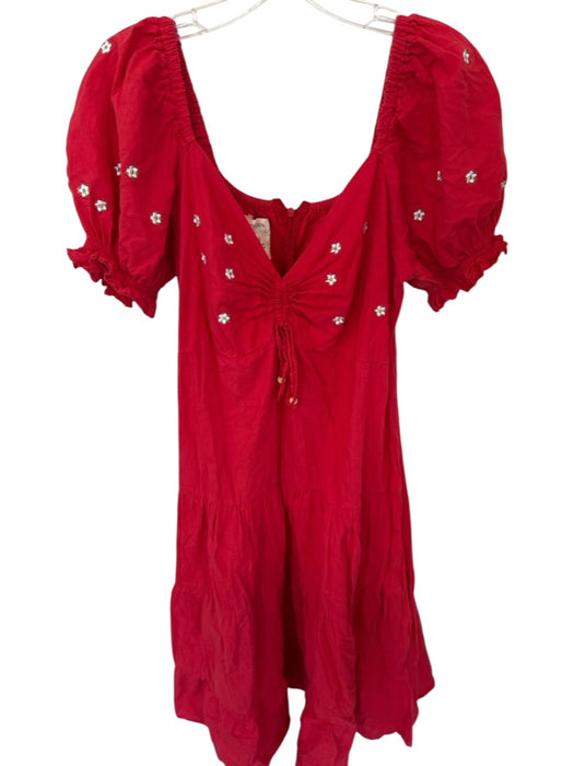 Size M Red & White Cotton Short Balloon Sleeve Cotton Back Midi Dress Red & White / M