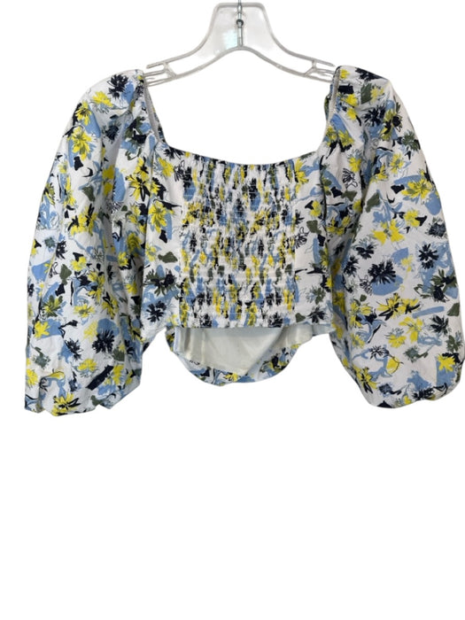 Tanya Taylor Size 6 Blue & Yellow Cotton Long Balloon Sleeve Flowers Cropped Top Blue & Yellow / 6