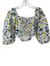 Tanya Taylor Size 6 Blue & Yellow Cotton Long Balloon Sleeve Flowers Cropped Top Blue & Yellow / 6
