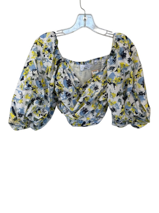 Tanya Taylor Size 6 Blue & Yellow Cotton Long Balloon Sleeve Flowers Cropped Top Blue & Yellow / 6