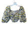 Tanya Taylor Size 6 Blue & Yellow Cotton Long Balloon Sleeve Flowers Cropped Top Blue & Yellow / 6