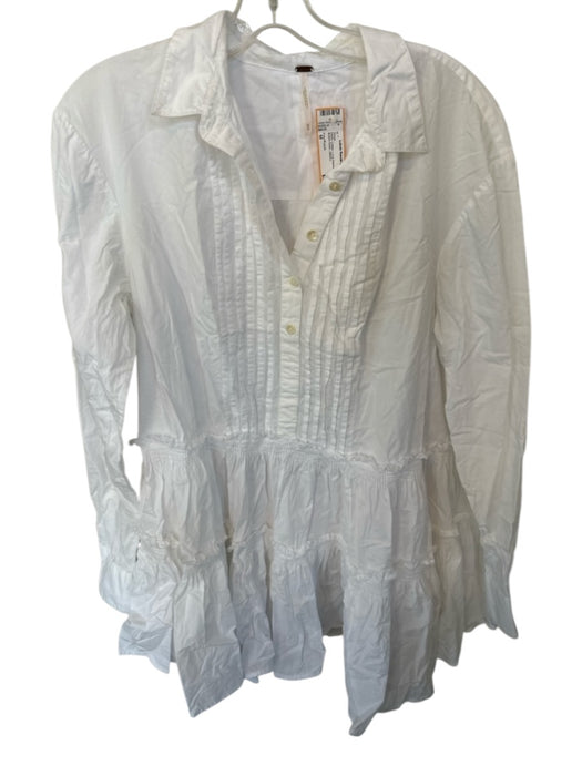 Free People Size M White Cotton Long Sleeve Pleat Detail Button Down Dress White / M