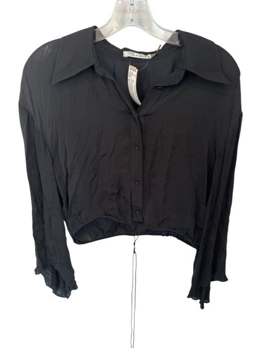 Alice & Olivia Size M Black Viscose Long Sleeve Collar Drawstring Waist Top Black / M
