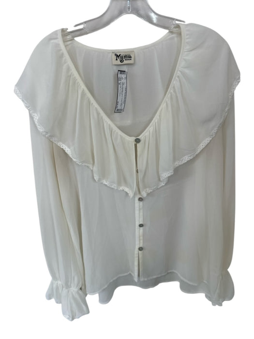 Show Me Your Mumu Size M White Polyester Sheer Ruffles Button Lace Detail Top White / M