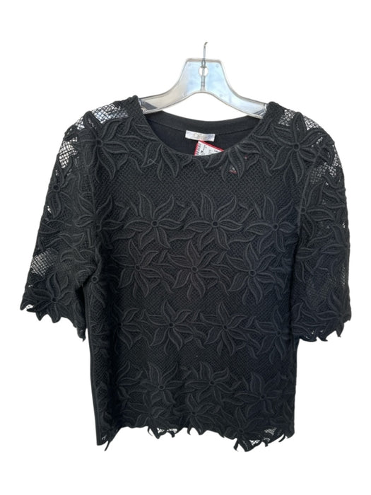 Chloe Size Est M Black Long Sleeve Lace Overlay Embroidered Flowers Top Black / Est M