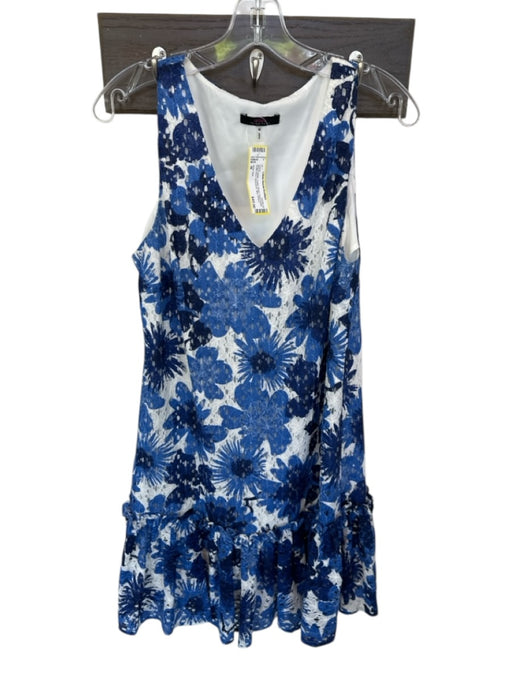 Trina Turk Size M Blue & White Cotton Blend Floral Eyelet Ruffle Hem Mini Dress Blue & White / M