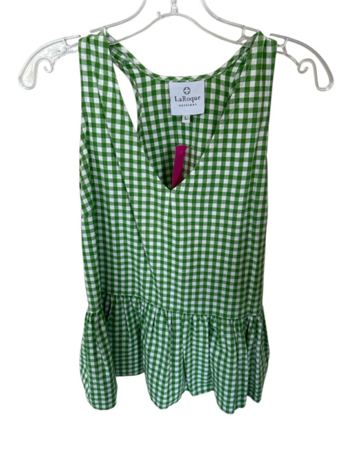 LaRoque Size L Green & White Cotton Sleeveless Gingham Peplum Top Green & White / L