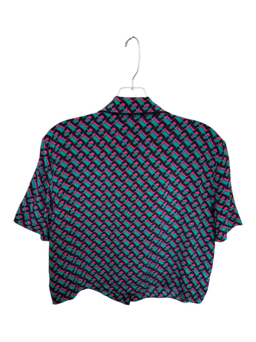Diane Von Furstenberg Size M Teal & Pink Silk Short Sleeve Ovals Cropped Top Teal & Pink / M