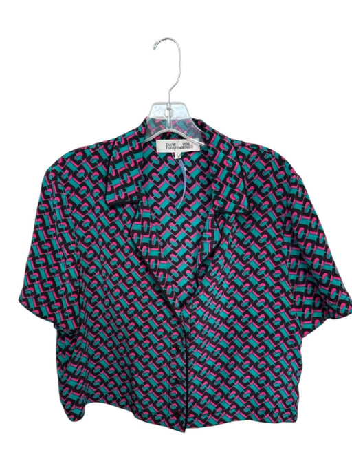 Diane Von Furstenberg Size M Teal & Pink Silk Short Sleeve Ovals Cropped Top Teal & Pink / M
