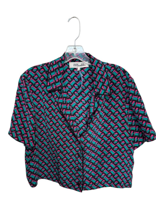 Diane Von Furstenberg Size M Teal & Pink Silk Short Sleeve Ovals Cropped Top Teal & Pink / M