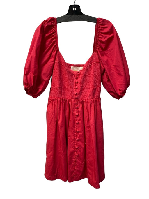 Maeve Size Large Red Cotton Blend Half Puff Sleeve Buttons Knee length Dress Red / Large